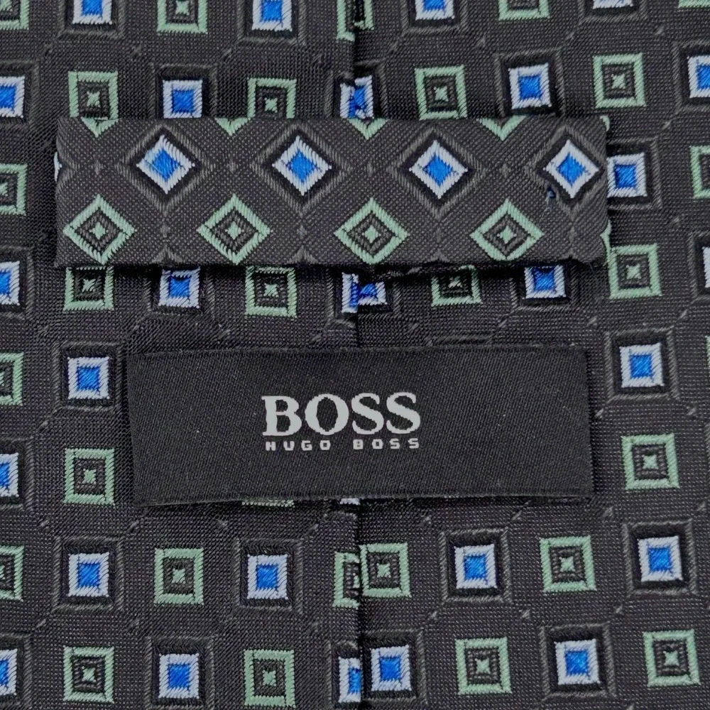 BOSS Hugo Boss Tie Adult Black Blue Green Geometric Square Silk Made in Italy
